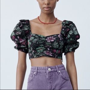 Zara Purple Flowers Black Springtime Crop Top